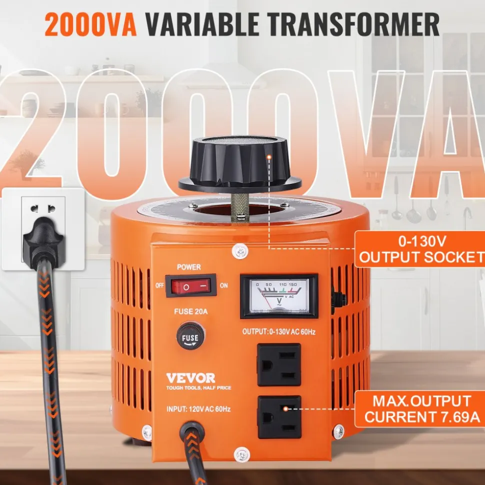 VEVOR 2000VA Auto Variable Voltage Transformer, 15.3 Amp, 110V Input 0-130V Output AC Voltage Regulator, with LCD Display 4 Extra Fuses Thermal Control Switch for Home Industrial Office