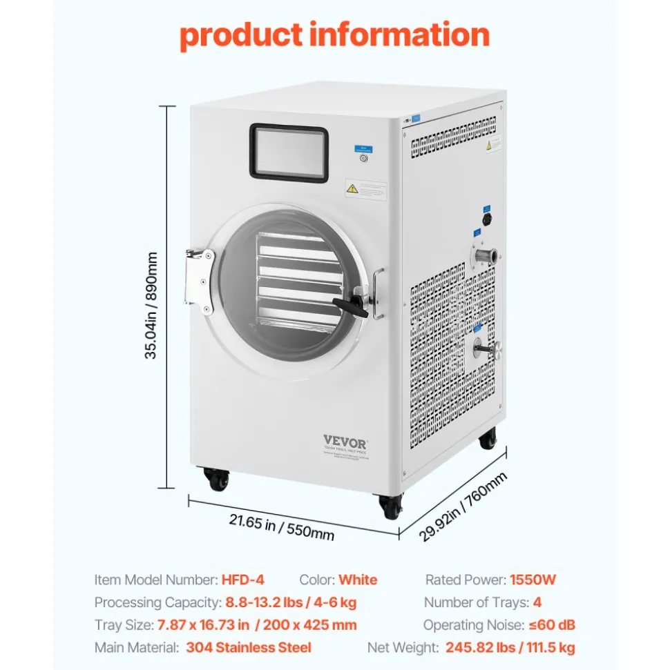 VEVOR Vacuum Freeze Dryer Machine, 8.8-13.2 LBS/Batch Food Freeze Drying Machine with 4-Layer Trays, Vacuum Pump, Adjustable Timer and Temperature Control, for Fruits Vegetables Meat, White