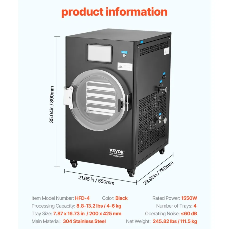 VEVOR Vacuum Freeze Dryer Machine, 8.8-13.2 LBS/Batch Food Freeze Drying Machine with 4-Layer Trays, Vacuum Pump, Adjustable Timer and Temperature Control, for Fruits Vegetables Meat, Black