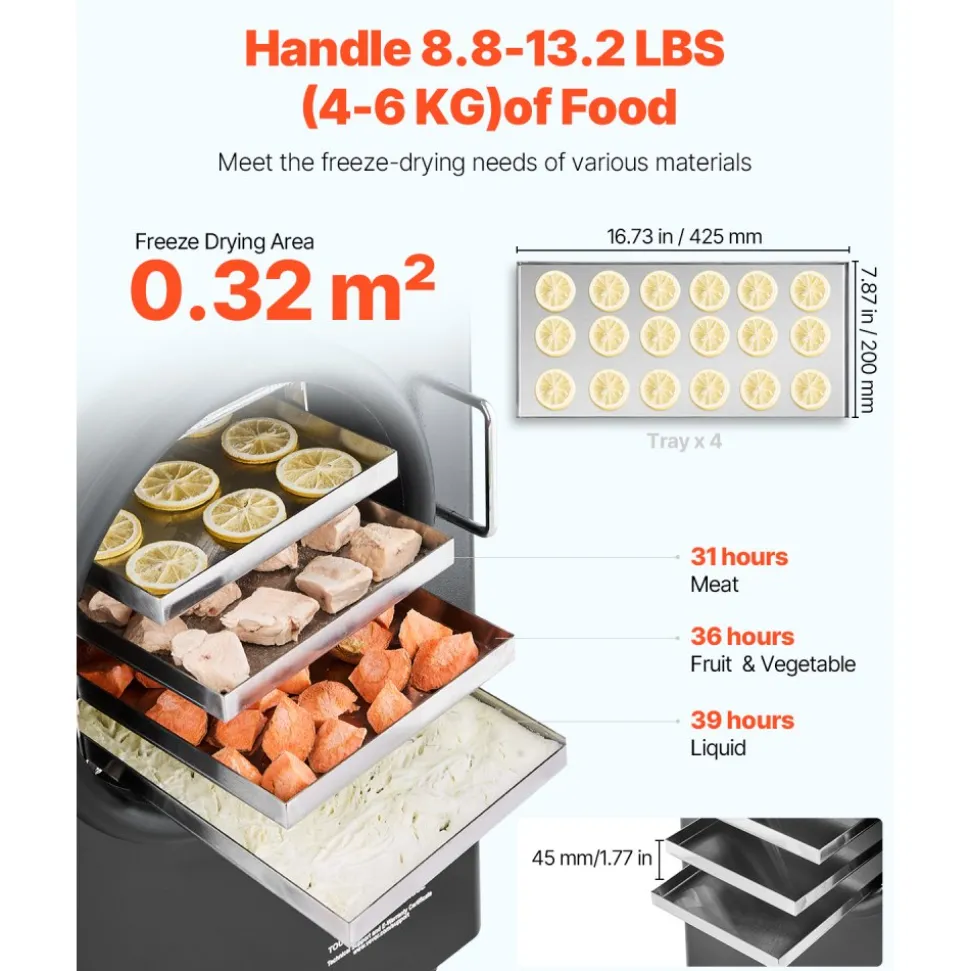 VEVOR Vacuum Freeze Dryer Machine, 8.8-13.2 LBS/Batch Food Freeze Drying Machine with 4-Layer Trays, Vacuum Pump, Adjustable Timer and Temperature Control, for Fruits Vegetables Meat, Black