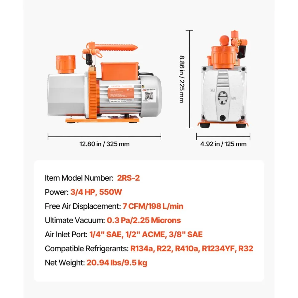 VEVOR Vacuum Pump, 7 CFM 3/4 HP, HVAC Two Stage Rotary Vane AC Vacuum Pump, for R134a R22 R410a R1234YF R32, 4 Pole Motor, for Automotive Air Conditioner Maintenance Resin Degassing, Oil Included