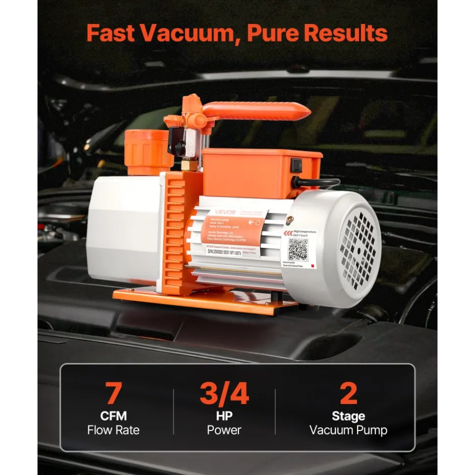 VEVOR Vacuum Pump, 7 CFM 3/4 HP, HVAC Two Stage Rotary Vane AC Vacuum Pump, for R134a R22 R410a R1234YF R32, 4 Pole Motor, for Automotive Air Conditioner Maintenance Resin Degassing, Oil Included