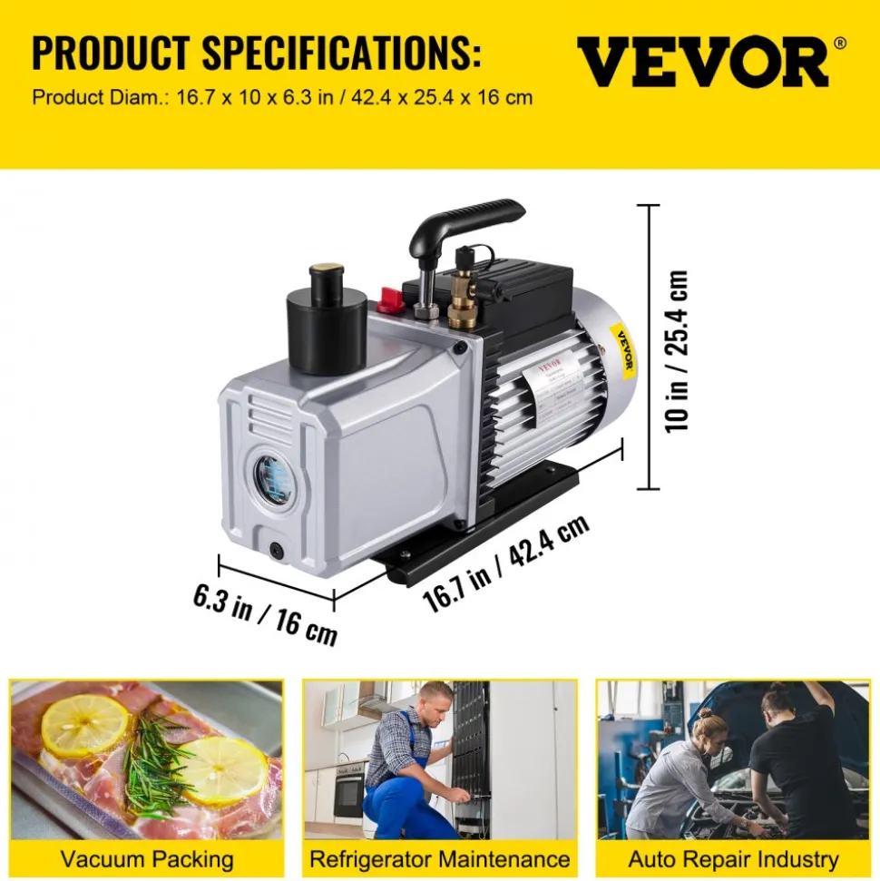 VEVOR Vacuum Pump 12CFM 1 HP Single Stage Air Conditioning Vacuum Pump 110V 5PA Ultimate Vacuum Refrigerant HVAC Air Tool Rotary Vane Vacuum Pump for Automobile Vacuum Evacuation (1-Stage, 12CFM)