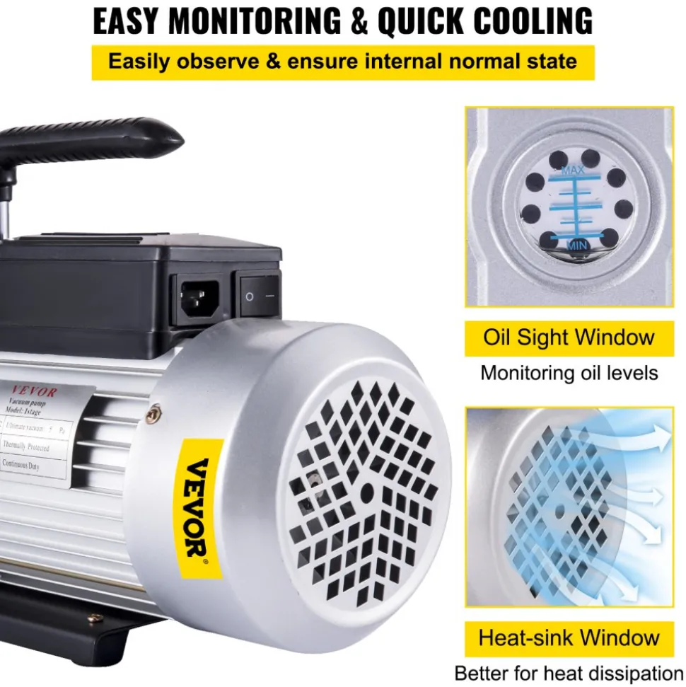 VEVOR Vacuum Pump 12CFM 1 HP Single Stage Air Conditioning Vacuum Pump 110V 5PA Ultimate Vacuum Refrigerant HVAC Air Tool Rotary Vane Vacuum Pump for Automobile Vacuum Evacuation (1-Stage, 12CFM)