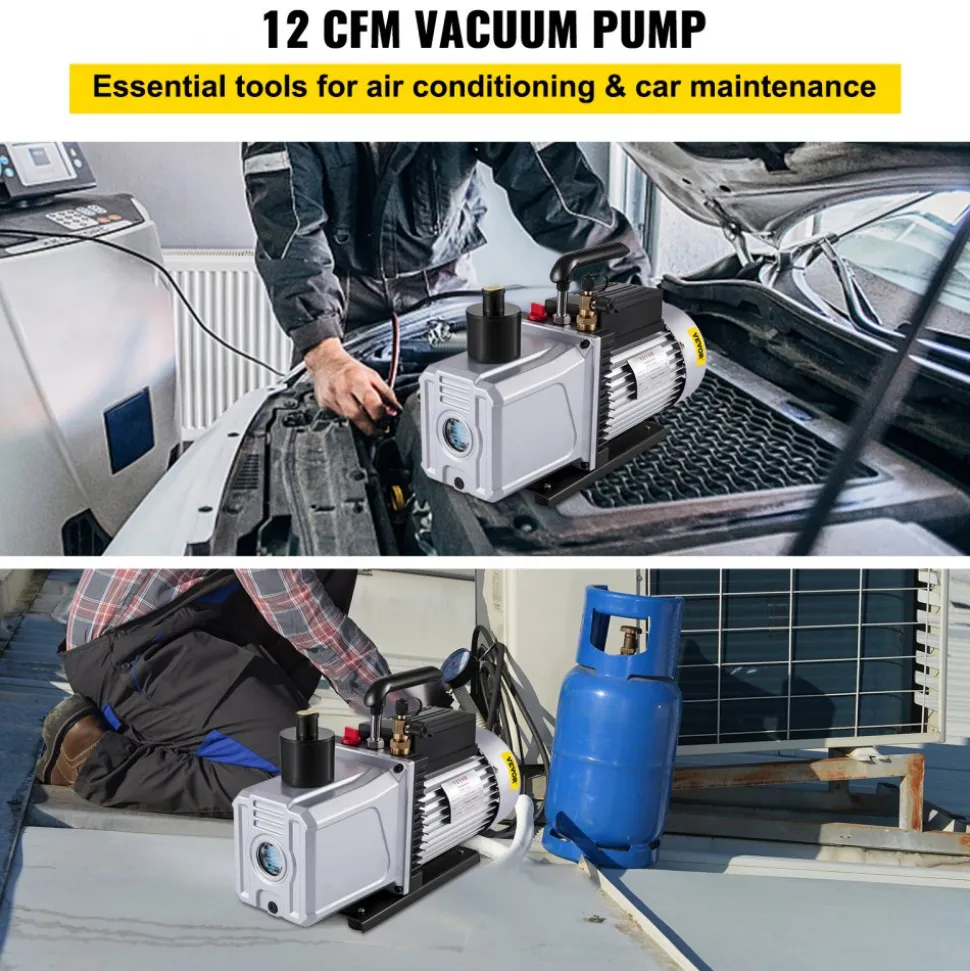 VEVOR Vacuum Pump 12CFM 1 HP Single Stage Air Conditioning Vacuum Pump 110V 5PA Ultimate Vacuum Refrigerant HVAC Air Tool Rotary Vane Vacuum Pump for Automobile Vacuum Evacuation (1-Stage, 12CFM)