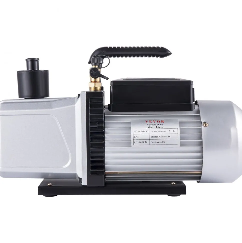 VEVOR Vacuum Pump 12CFM 1 HP Single Stage Air Conditioning Vacuum Pump 110V 5PA Ultimate Vacuum Refrigerant HVAC Air Tool Rotary Vane Vacuum Pump for Automobile Vacuum Evacuation (1-Stage, 12CFM)