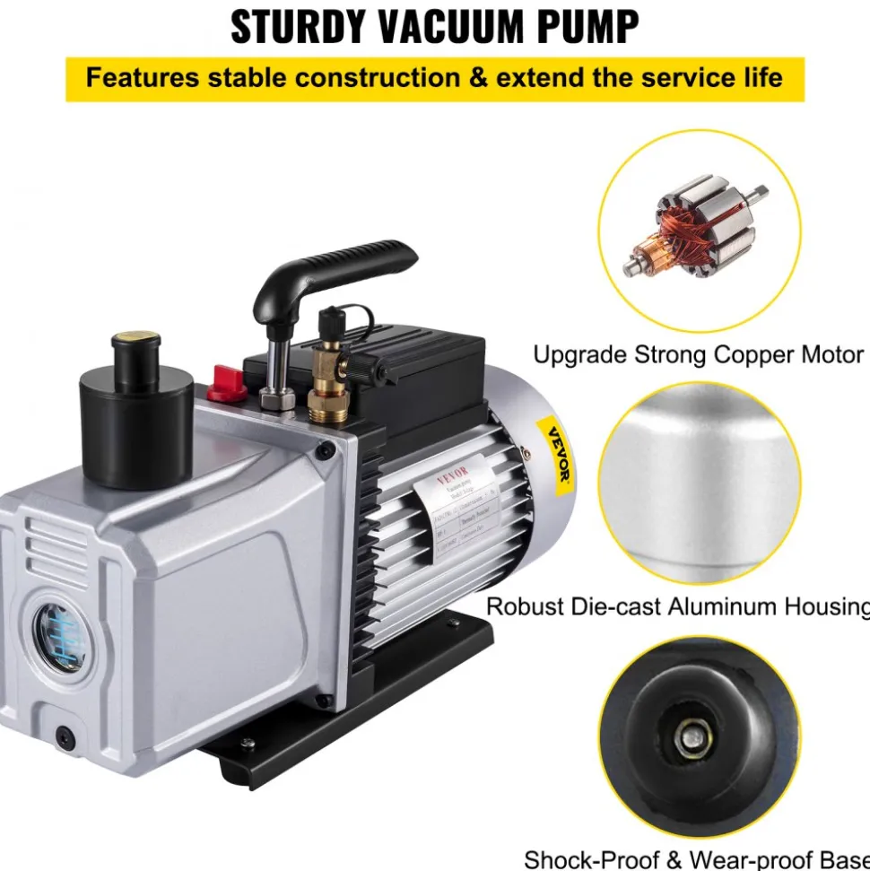 VEVOR Vacuum Pump 12CFM 1 HP Single Stage Air Conditioning Vacuum Pump 110V 5PA Ultimate Vacuum Refrigerant HVAC Air Tool Rotary Vane Vacuum Pump for Automobile Vacuum Evacuation (1-Stage, 12CFM)