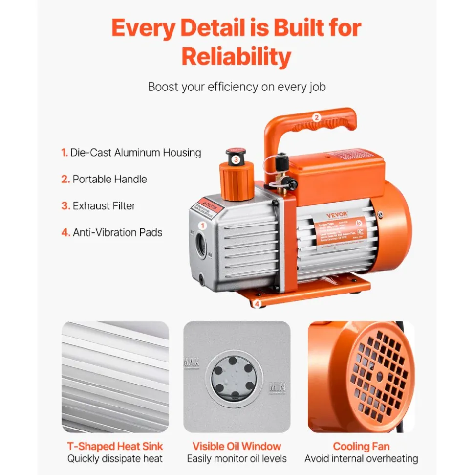 VEVOR Vacuum Pump, 5 CFM, HVAC Single Stage Rotary Vane Vacuum Pump, for R134a R22 R410a Systems, Auto AC Vacuum Pump Kit with Oil Bottle, for Automotive Air Conditioner Maintenance Resin Degassing