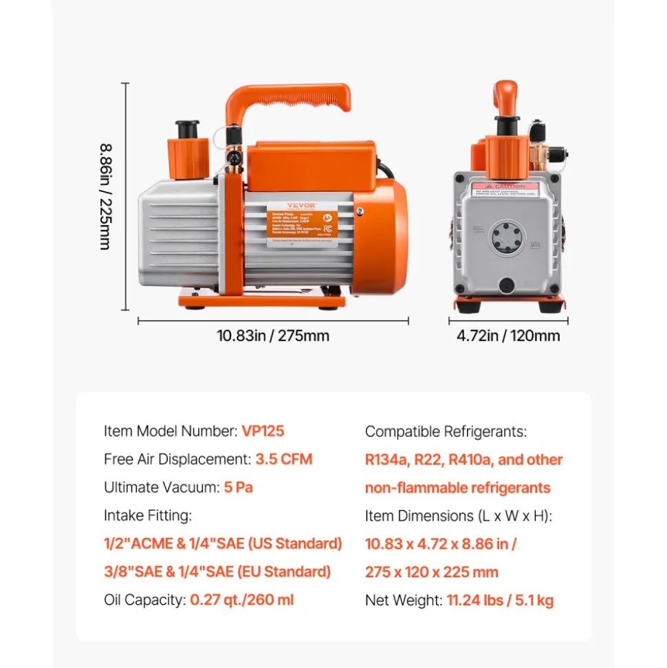 VEVOR Vacuum Pump, 3.5 CFM, HVAC Single Stage Rotary Vane Vacuum Pump, for R134a R22 R410a Systems, Auto AC Vacuum Pump Kit with Oil Bottle, for Automotive Air Conditioner Maintenance Resin Degassing
