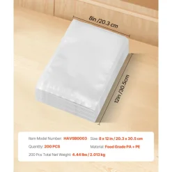 VEVOR Vacuum Sealer Bags, 200 PCS 8 x 12 Inch Durable Seal Bags, Non-BPA Food Grade Seal A Meal Freezer Bags, Vac Sealing Bag for Food Saver, Ideal Food Storage Vacuum Bags for Meal Prep or Sous Vide