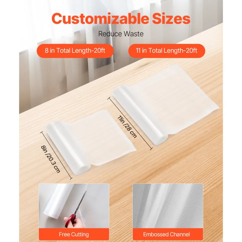 VEVOR Vacuum Sealer Bags, 3 Rolls 11 In x 20 Ft & 3 Rolls 8 In x 20 Ft, Non-BPA Food Grade Seal A Meal Freezer Bag, Customizable Vac Sealing Food Saver Bags, Storage Vac Bag for Meal Prep or Sous Vide