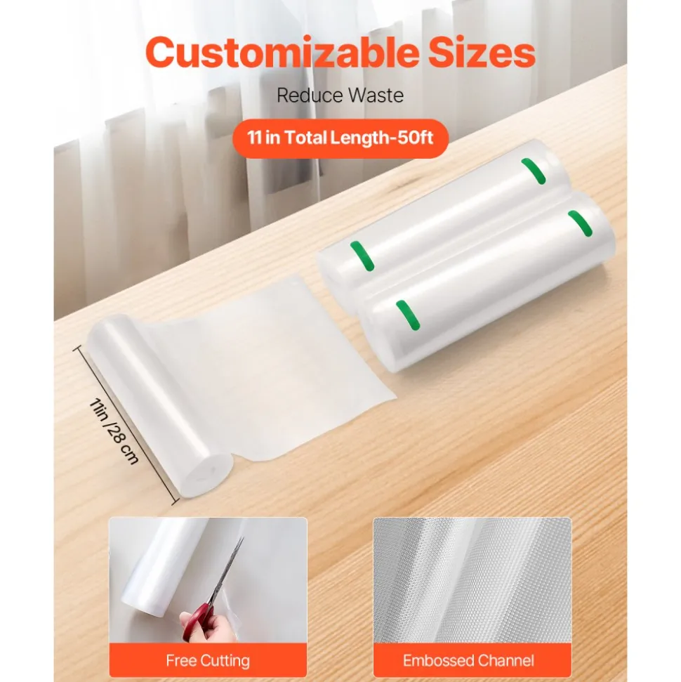 VEVOR Vacuum Sealer Bags, 2 Rolls 11 In x 50 Ft, Non-BPA Food Grade Seal A Meal Bags, Customizable Freezer-friendly Vac Sealing Bag for Food Saver, Food Storage Vacuum Bags for Meal Prep or Sous Vide
