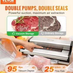 VEVOR Vacuum Sealer Machine, 95Kpa 350W Powerful Dual Pump and Dual Sealing, Dry and Moist Food Storage, Automatic and Manual Air Sealing System with Built-in Cutter, with Seal Bag and External Hose