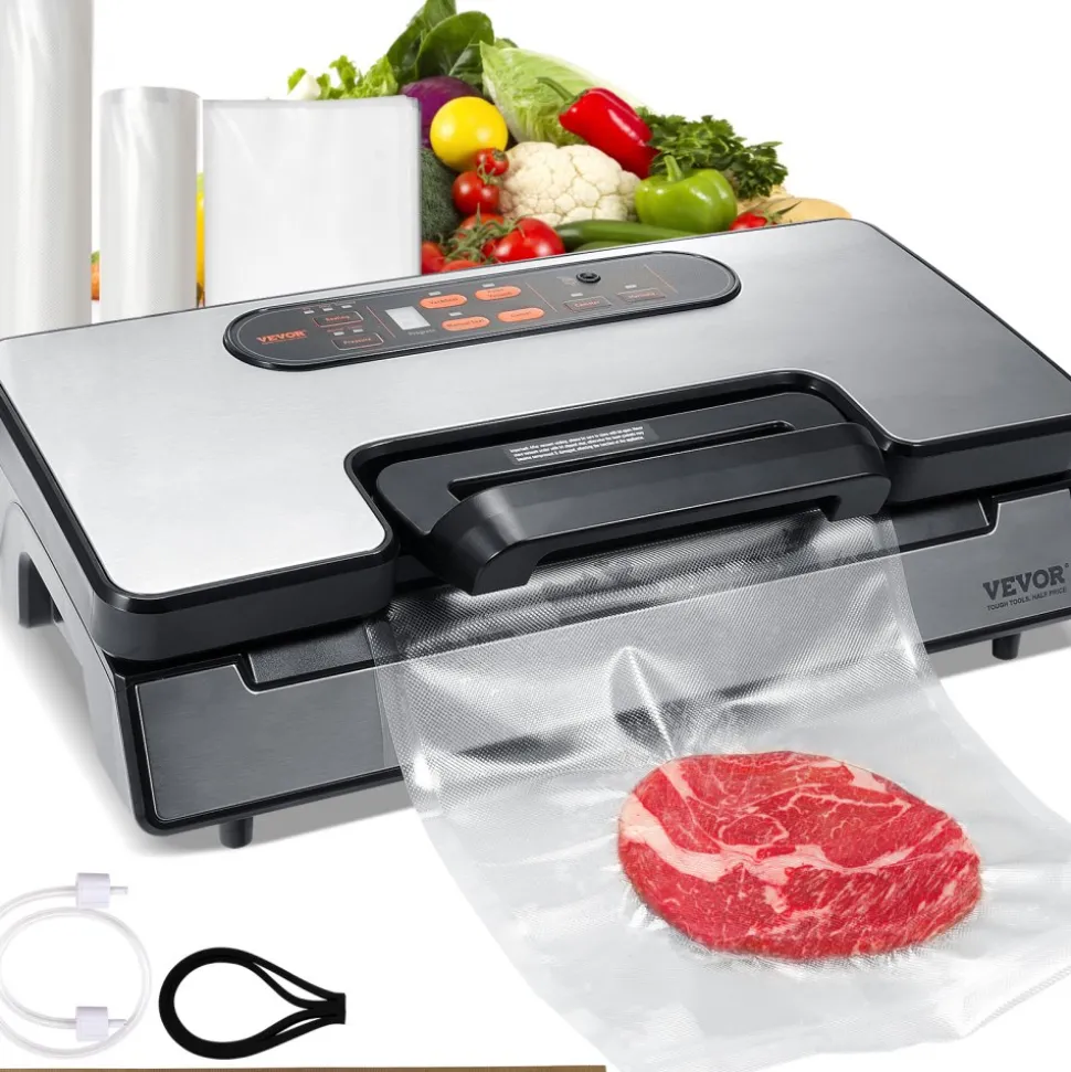 VEVOR Vacuum Sealer Machine, 90Kpa 130W Powerful Dual Pump and Dual Sealing, Dry and Moist Food Storage, Automatic and Manual Air Sealing System with Built-in Cutter, with Seal Bag and External Hose