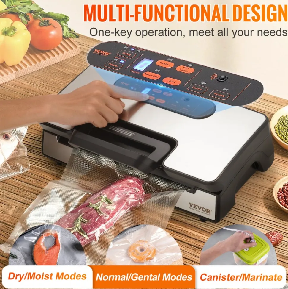 VEVOR Vacuum Sealer Machine, 90Kpa 130W Powerful Dual Pump and Dual Sealing, Dry and Moist Food Storage, Automatic and Manual Air Sealing System with Built-in Cutter, with Seal Bag and External Hose