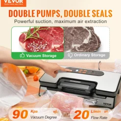 VEVOR Vacuum Sealer Machine, 90Kpa 130W Powerful Dual Pump and Dual Sealing, Dry and Moist Food Storage, Automatic and Manual Air Sealing System with Built-in Cutter, with Seal Bag and External Hose