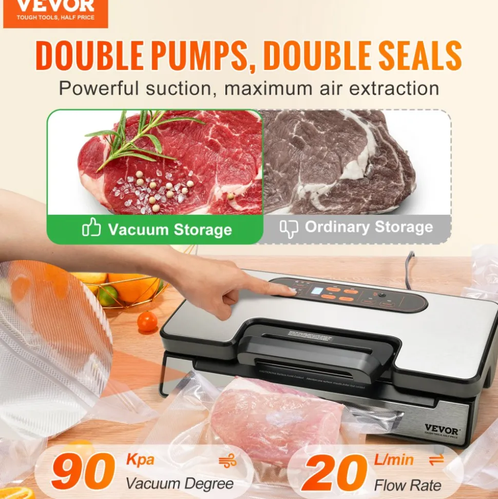 VEVOR Vacuum Sealer Machine, 90Kpa 130W Powerful Dual Pump and Dual Sealing, Dry and Moist Food Storage, Automatic and Manual Air Sealing System with Built-in Cutter, with Seal Bag and External Hose