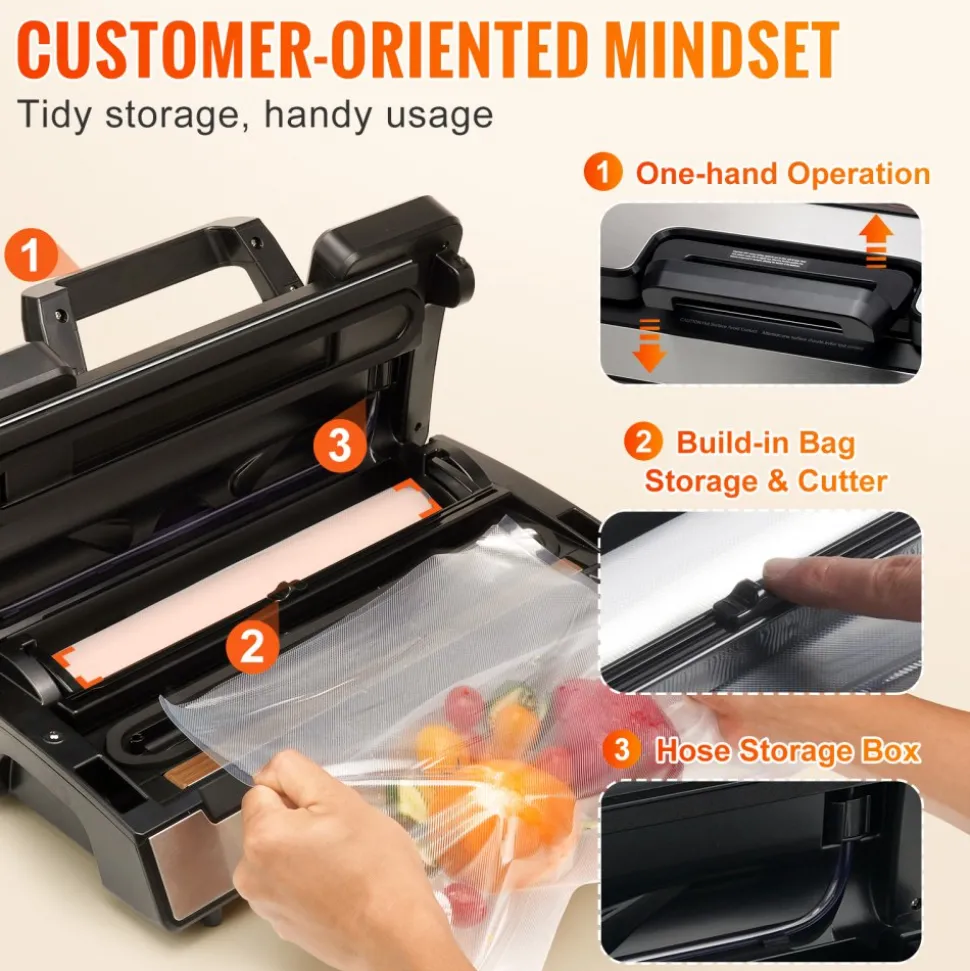 VEVOR Vacuum Sealer Machine, 90Kpa 130W Powerful Dual Pump and Dual Sealing, Dry and Moist Food Storage, Automatic and Manual Air Sealing System with Built-in Cutter, with Seal Bag and External Hose