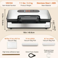 VEVOR Vacuum Sealer Machine, 90Kpa 130W Powerful Dual Pump and Dual Sealing, Dry and Moist Food Storage, Automatic and Manual Air Sealing System with Built-in Cutter, with Seal Bag and External Hose