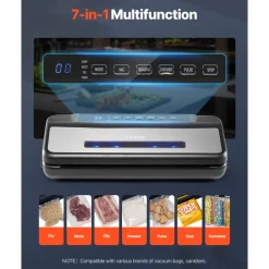 VEVOR Vacuum Sealer Machine, 80Kpa 120W Powerful Compact Food Sealer, 7-in-1 Multi-Functional Food Vacuum Sealer, Automatic Air Sealing System with Built-in Cutter with 10 Vacuum Bags & 1 Bag Roll