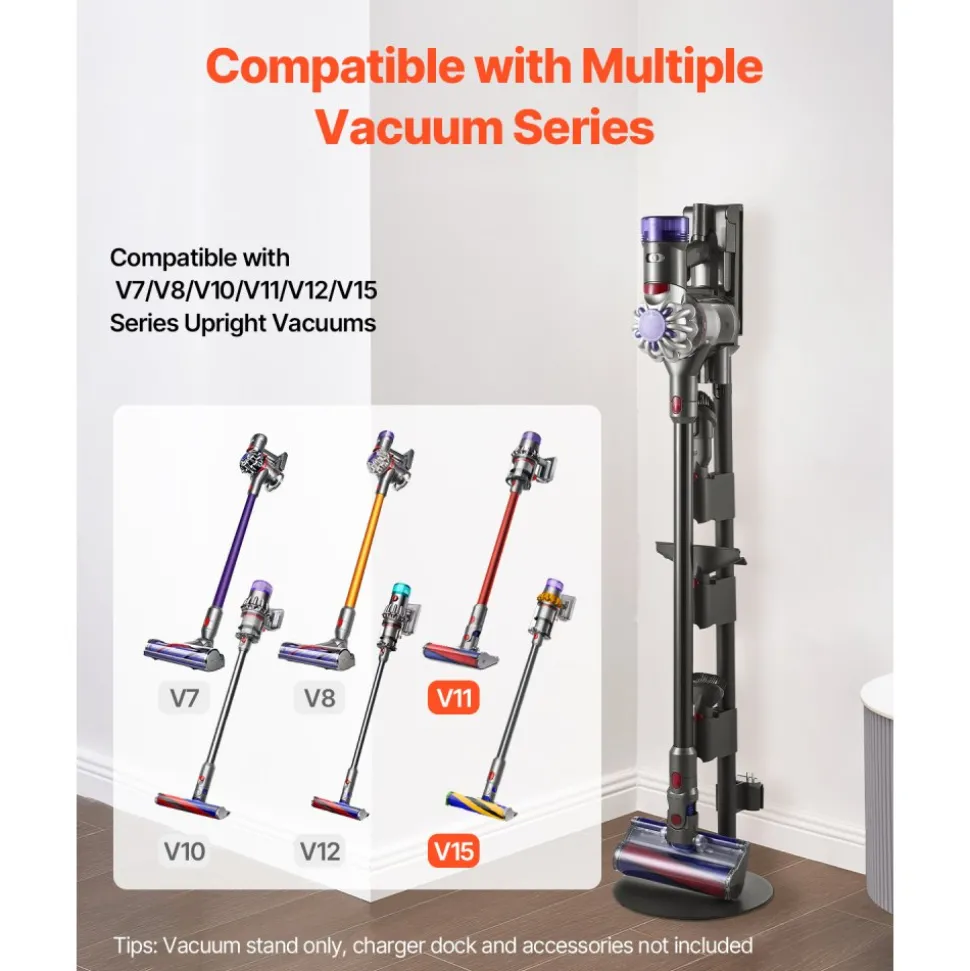 VEVOR Vacuum Stand, Compatible With V7 V8 V10 V11 V12 V15 Series Upright Vacuum Cleaners & Accessories, Stable Vacuum Stand Holder with 4 Anti-slip Pads and 3 Clips for Storing 6 Brush Heads