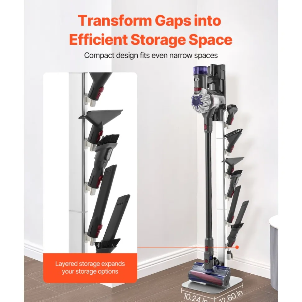 VEVOR Vacuum Stand, Compatible with Dyson G5 V15 V12 V11 V10 V8 V7 V6 Series Upright Vacuums Cleaners & Accessories, Stable Vacuum Stand Holder with 6 Hooks and Non-slip Footpads, Black
