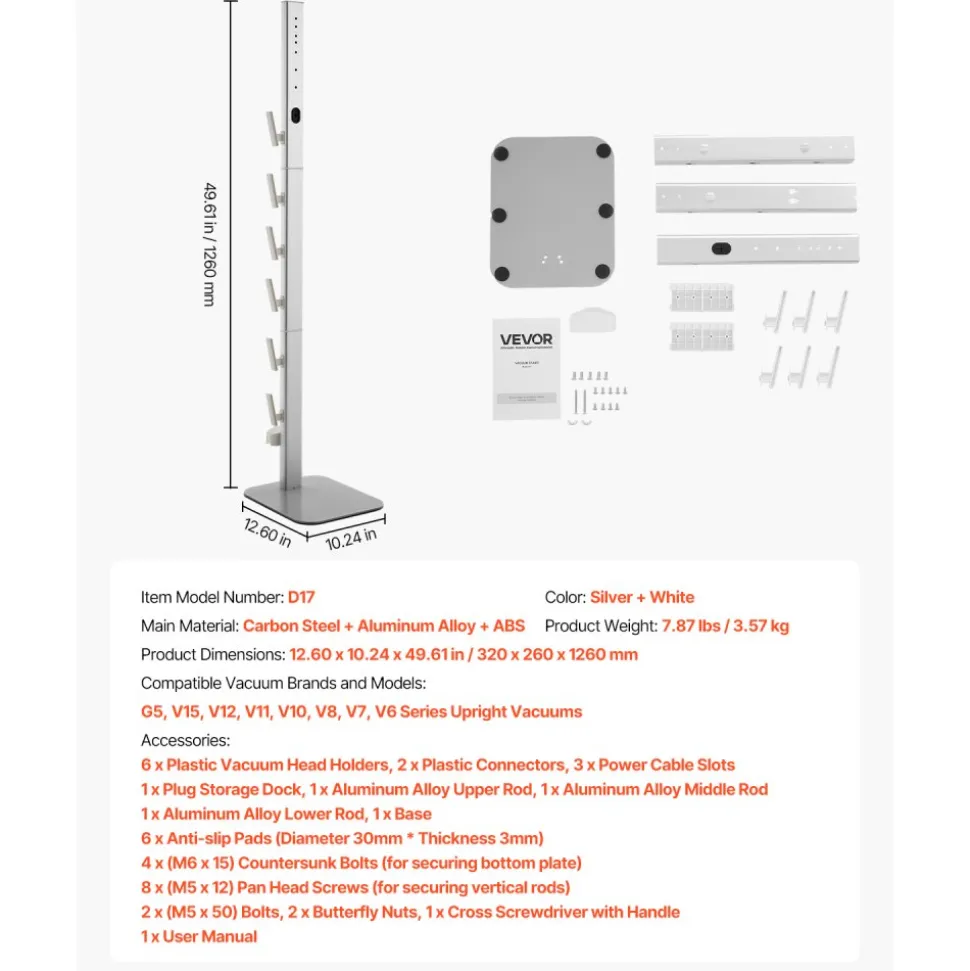 VEVOR Vacuum Stand, Compatible with Dyson G5 V15 V12 V11 V10 V8 V7 V6 Series Upright Vacuums Cleaners & Accessories, Stable Vacuum Stand Holder with 6 Hooks and Non-slip Footpads, Black