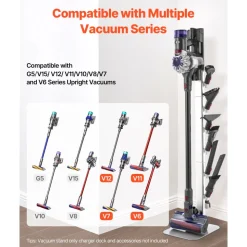 VEVOR Vacuum Stand, Compatible with Dyson G5 V15 V12 V11 V10 V8 V7 V6 Series Upright Vacuums Cleaners & Accessories, Stable Vacuum Stand Holder with 6 Hooks and Non-slip Footpads, Black