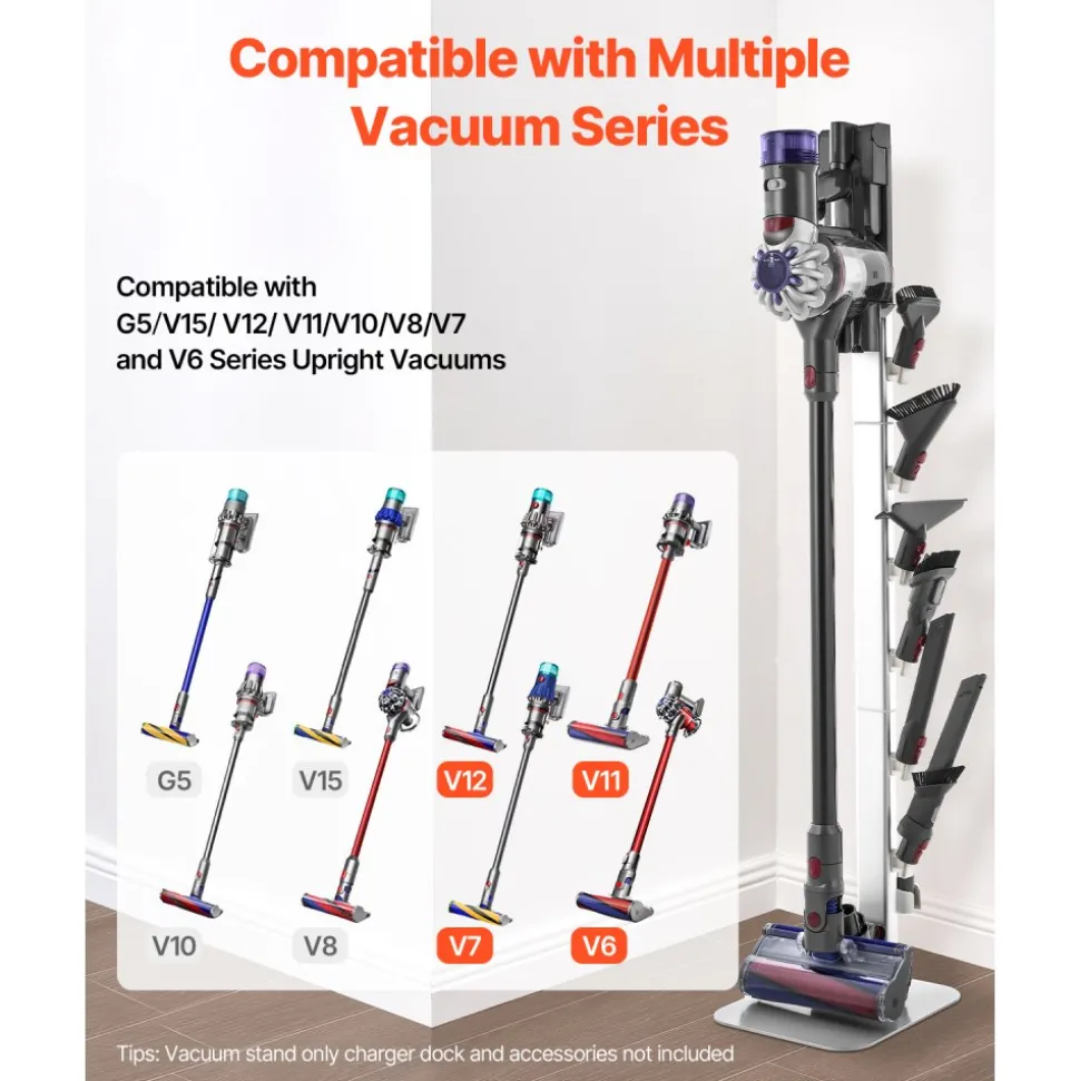 VEVOR Vacuum Stand, Compatible with Dyson G5 V15 V12 V11 V10 V8 V7 V6 Series Upright Vacuums Cleaners & Accessories, Stable Vacuum Stand Holder with 6 Hooks and Non-slip Footpads, Black