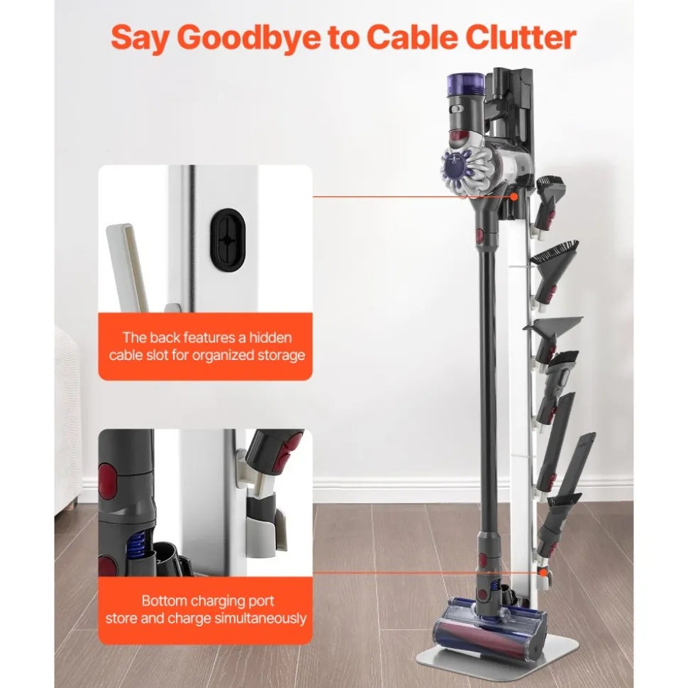 VEVOR Vacuum Stand, Compatible with Dyson G5 V15 V12 V11 V10 V8 V7 V6 Series Upright Vacuums Cleaners & Accessories, Stable Vacuum Stand Holder with 6 Hooks and Non-slip Footpads, Black