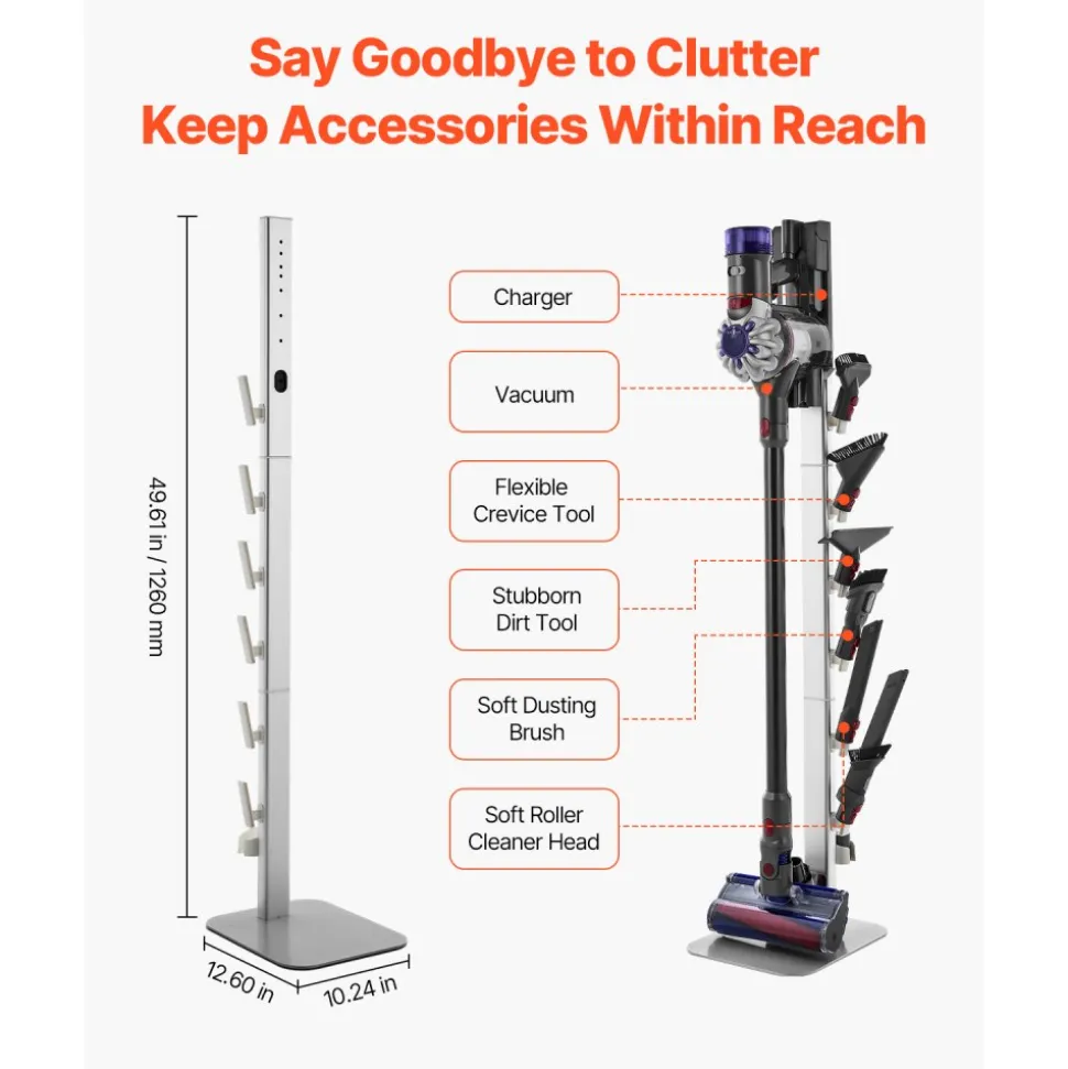 VEVOR Vacuum Stand, Compatible with Dyson G5 V15 V12 V11 V10 V8 V7 V6 Series Upright Vacuums Cleaners & Accessories, Stable Vacuum Stand Holder with 6 Hooks and Non-slip Footpads, Black