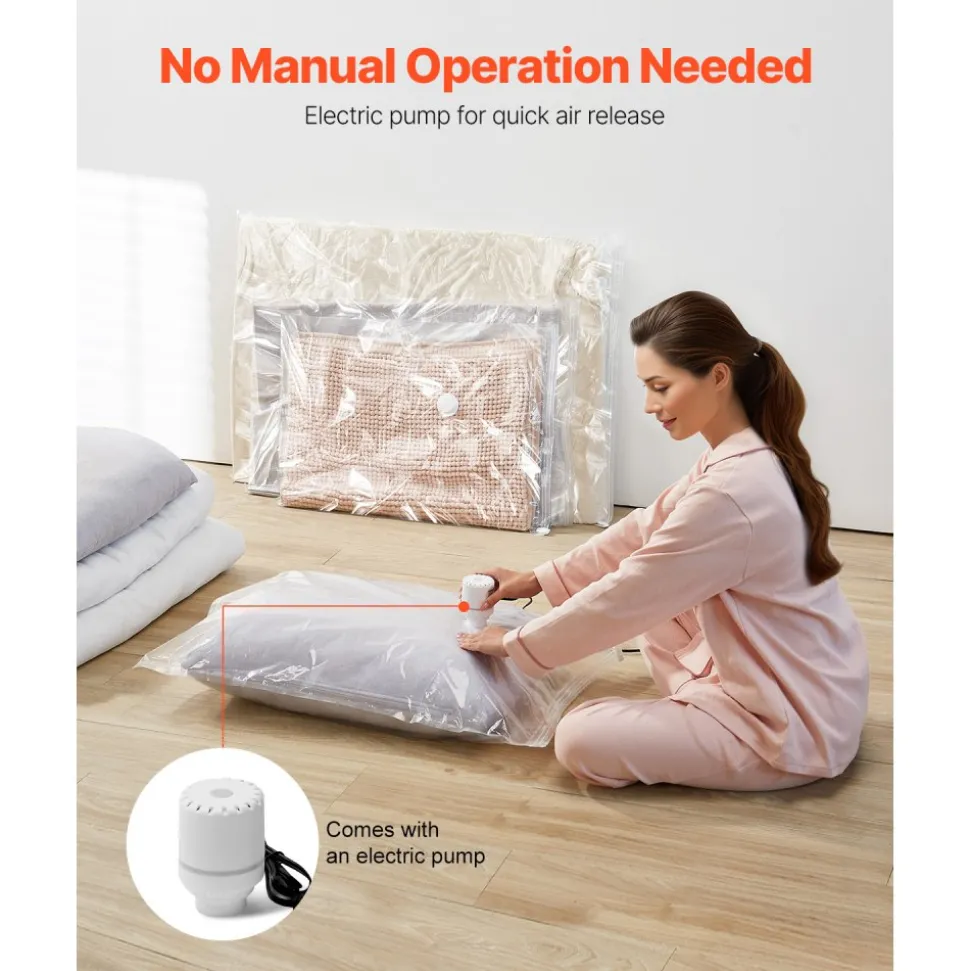 VEVOR Vacuum Storage Bags, 15 Pack Space Saver Seal Bag(3 Jumbo/3 Large/3 Medium/3 Small/3 Roll), Compression Airtight Zipper Space Bags with Electric Pump, for Cloth, Bedding, Blanket, Pillow, Travel