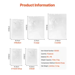 VEVOR Vacuum Storage Bags, 15 Pack Space Saver Seal Bag(3 Jumbo/3 Large/3 Medium/3 Small/3 Roll), Compression Airtight Zipper Space Bags with Electric Pump, for Cloth, Bedding, Blanket, Pillow, Travel