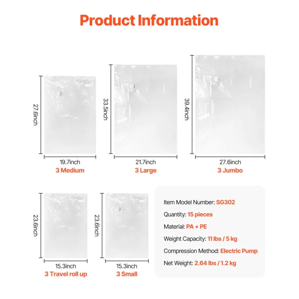 VEVOR Vacuum Storage Bags, 15 Pack Space Saver Seal Bag(3 Jumbo/3 Large/3 Medium/3 Small/3 Roll), Compression Airtight Zipper Space Bags with Electric Pump, for Cloth, Bedding, Blanket, Pillow, Travel