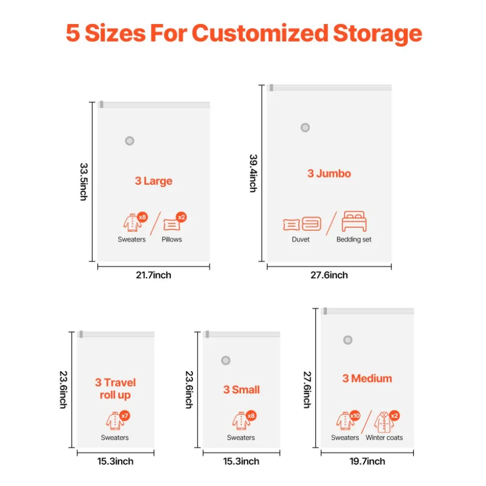 VEVOR Vacuum Storage Bags, 15 Pack Space Saver Seal Bag(3 Jumbo/3 Large/3 Medium/3 Small/3 Roll), Compression Airtight Zipper Space Bags with Electric Pump, for Cloth, Bedding, Blanket, Pillow, Travel