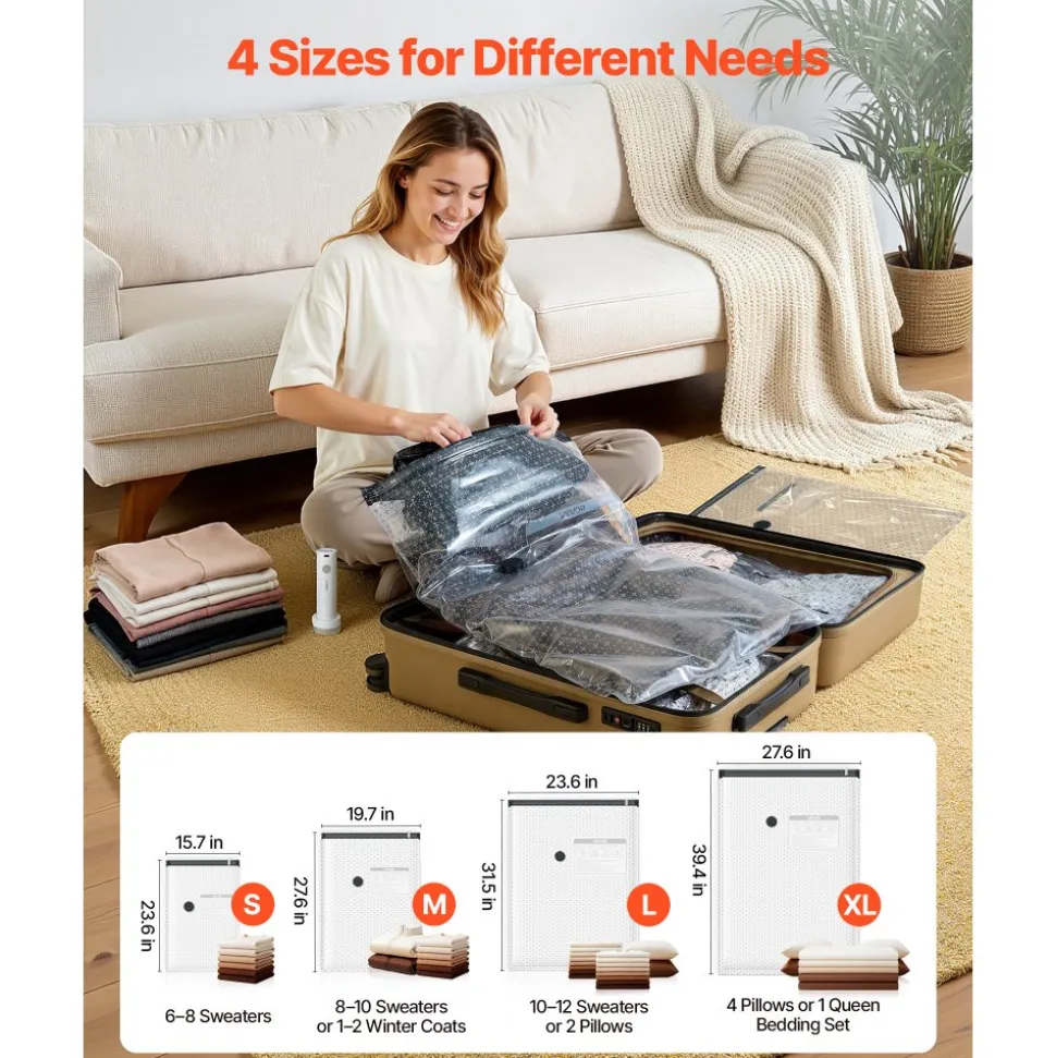 VEVOR Vacuum Storage Bags, 26 Pack Space Saver Vacuum Seal Bags for Clothing, with Pump and Charging Cable, Double Zipper Seal, Thickened PA and PE, Compression for Clothes Storage, Travel Luggage