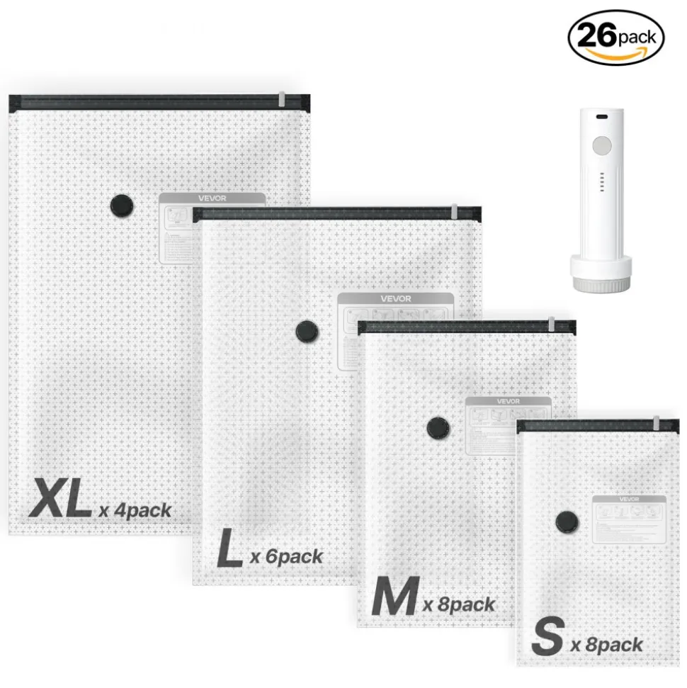 VEVOR Vacuum Storage Bags, 26 Pack Space Saver Vacuum Seal Bags for Clothing, with Pump and Charging Cable, Double Zipper Seal, Thickened PA and PE, Compression for Clothes Storage, Travel Luggage