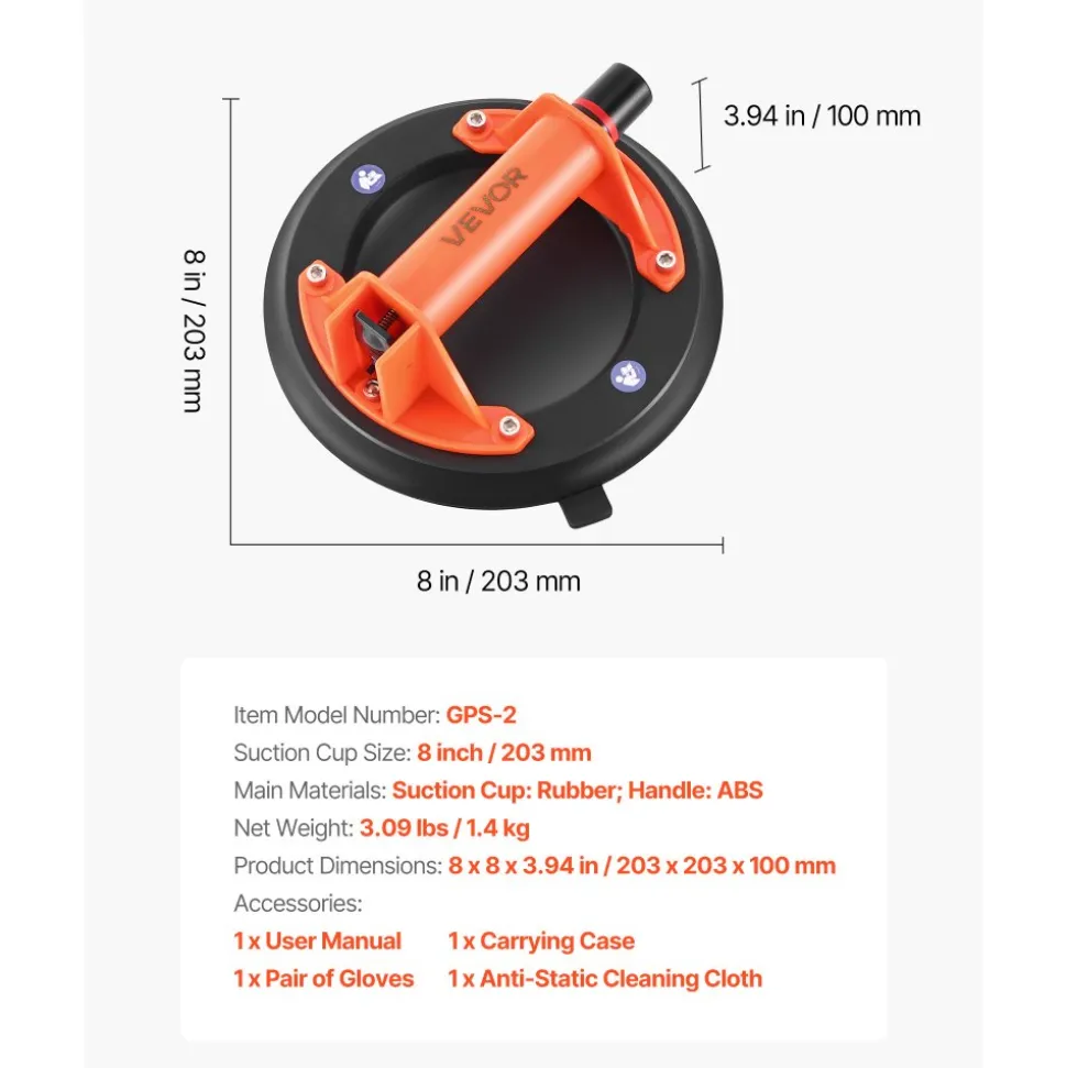 VEVOR Vacuum Suction Cup, 8-Inch Vacuum Glass Lifter with ABS Handle, 400 lbs Max Lifting Capacity Tile Suction Cup Tool with Carrying Case for Lifting Large Tile, Granite, Drywall, Windows (2-Pack)