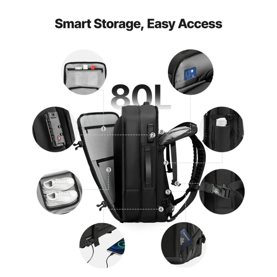 VEVOR Vacuum Travel Backpack, 80L, Expandable Vacuum Seal Compression Travel Backpack with Pump, with TSA-Approved Lock, Airback Vacpack, Water-Resistant Carry-On Suitcase Luggage, for Business, Black