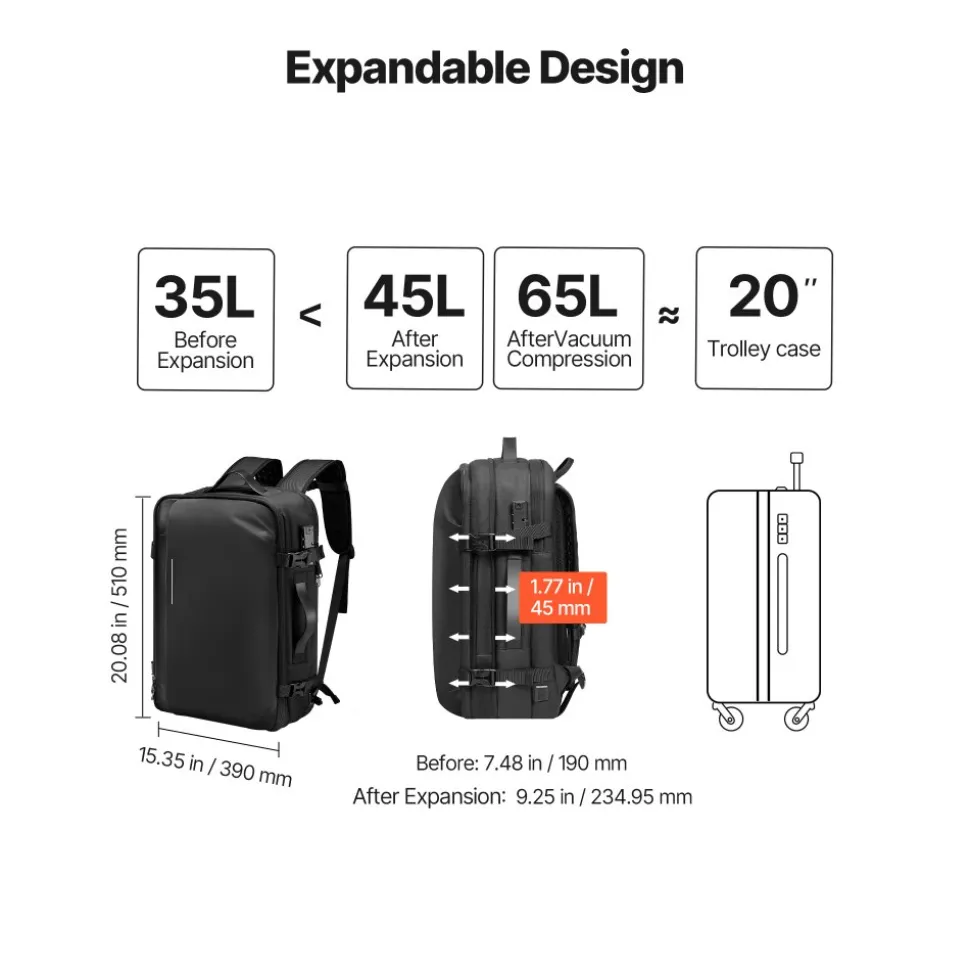 VEVOR Vacuum Travel Backpack, 65L, Expandable Vacuum Seal Compression Travel Backpack with Pump, with TSA-Approved Lock, Airback Vacpack, Water-Resistant Carry-On Suitcase Luggage, for Business, Black