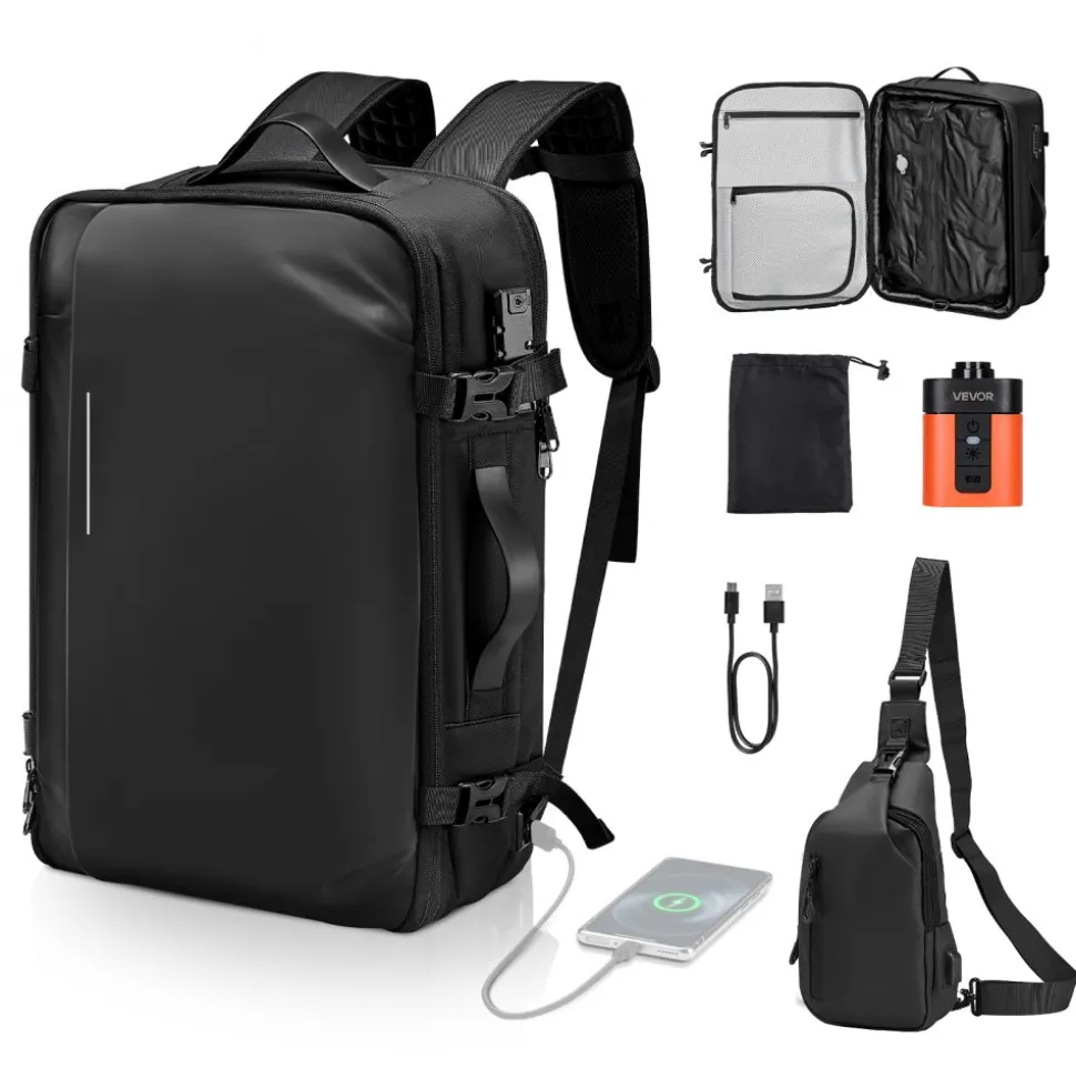 VEVOR Vacuum Travel Backpack, 65L, Expandable Vacuum Seal Compression Travel Backpack with Pump, with TSA-Approved Lock, Airback Vacpack, Water-Resistant Carry-On Suitcase Luggage, for Business, Black