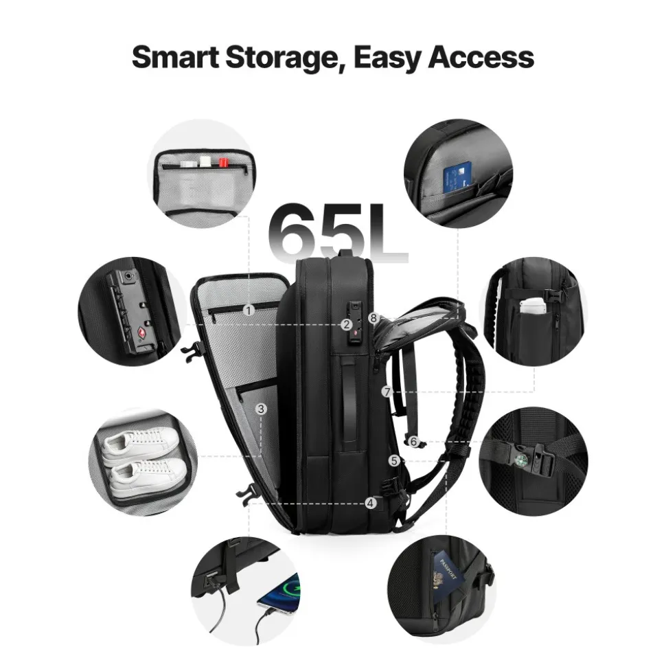 VEVOR Vacuum Travel Backpack, 65L, Expandable Vacuum Seal Compression Travel Backpack with Pump, with TSA-Approved Lock, Airback Vacpack, Water-Resistant Carry-On Suitcase Luggage, for Business, Black