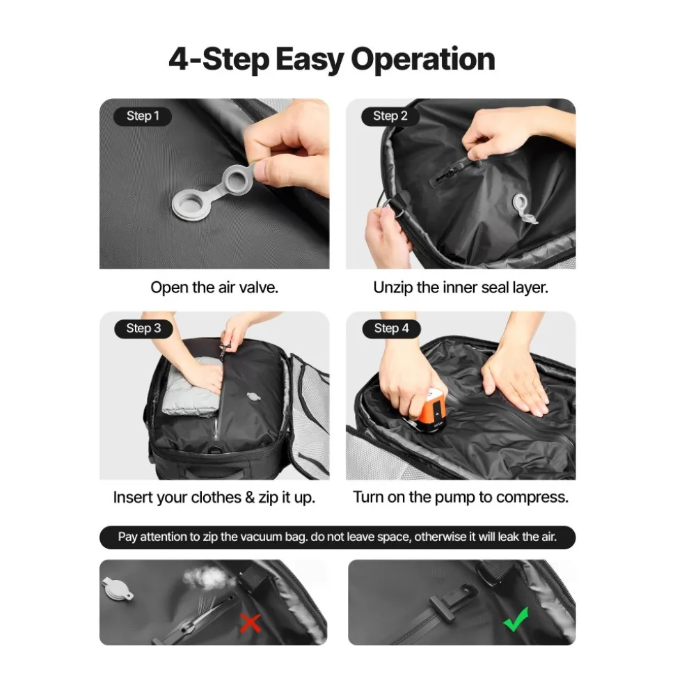 VEVOR Vacuum Travel Backpack, 65L, Expandable Vacuum Seal Compression Travel Backpack with Pump, with TSA-Approved Lock, Airback Vacpack, Water-Resistant Carry-On Suitcase Luggage, for Business, Black