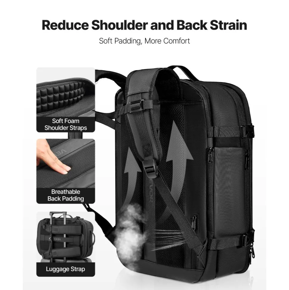VEVOR Vacuum Travel Backpack, 65L, Expandable Vacuum Seal Compression Travel Backpack with Pump, with TSA-Approved Lock, Airback Vacpack, Water-Resistant Carry-On Suitcase Luggage, for Business, Black