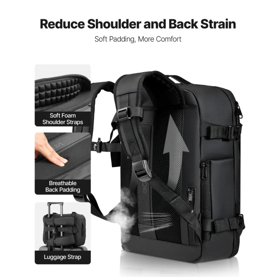VEVOR Vacuum Travel Backpack, 35L, Vacuum Seal Compression Travel Backpack with Air Pump, Multiple Pockets & Compartments, Water-Resistant Carry-On Suitcase Luggage, Casual Personal Item Bag, Black