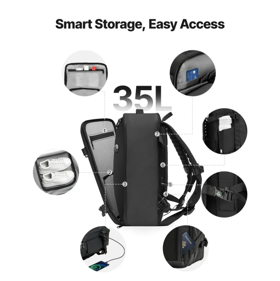 VEVOR Vacuum Travel Backpack, 35L, Vacuum Seal Compression Travel Backpack with Air Pump, Multiple Pockets & Compartments, Water-Resistant Carry-On Suitcase Luggage, Casual Personal Item Bag, Black