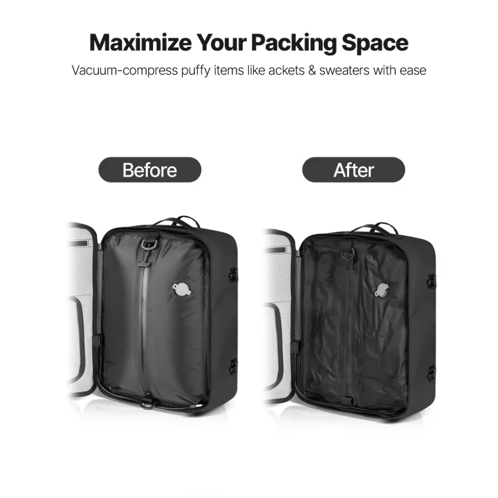 VEVOR Vacuum Travel Backpack, 35L, Vacuum Seal Compression Travel Backpack with Air Pump, Multiple Pockets & Compartments, Water-Resistant Carry-On Suitcase Luggage, Casual Personal Item Bag, Black
