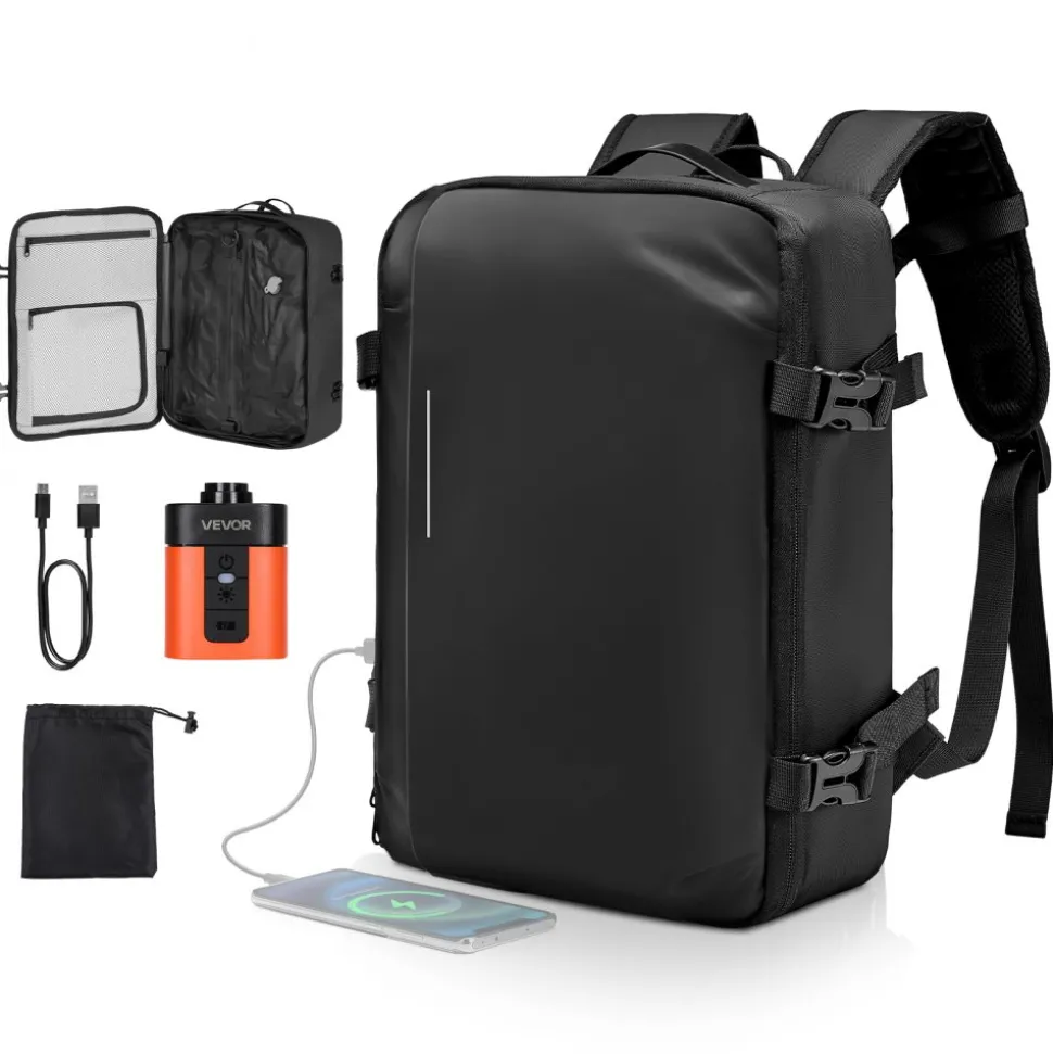 VEVOR Vacuum Travel Backpack, 35L, Vacuum Seal Compression Travel Backpack with Air Pump, Multiple Pockets & Compartments, Water-Resistant Carry-On Suitcase Luggage, Casual Personal Item Bag, Black