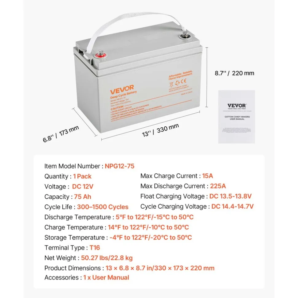 VEVOR 12V 75Ah Deep Cycle Battery, Sealed AGM Technology, Rechargeable Lead Acid AGM Battery, Backup Replacement for Scooters, Electric Mobility Wheelchair, Solar System Off-Grid Home Energy Storage