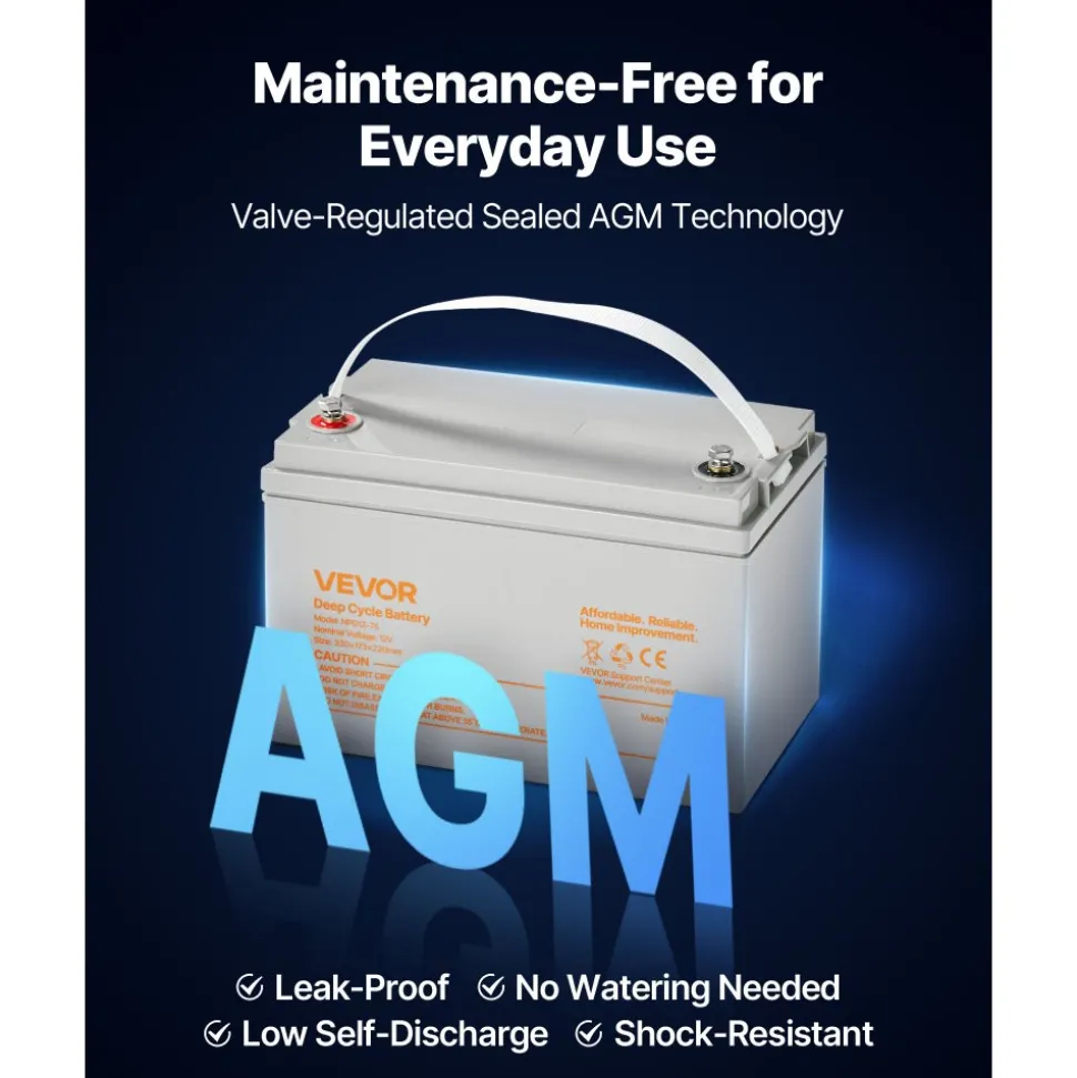 VEVOR 12V 75Ah Deep Cycle Battery, Sealed AGM Technology, Rechargeable Lead Acid AGM Battery, Backup Replacement for Scooters, Electric Mobility Wheelchair, Solar System Off-Grid Home Energy Storage